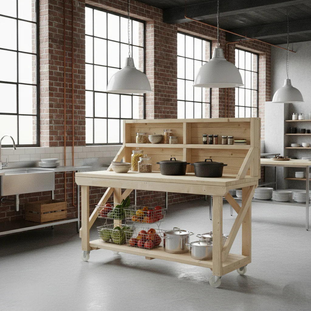 Acorn Wooden Workbench With Back Panel and Wheels - Image 5