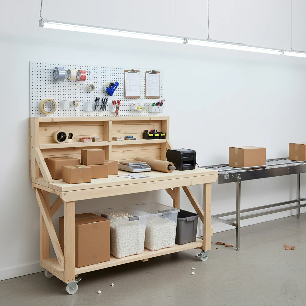 Acorn Wooden Workbench With Back Panel and Wheels - Image 6