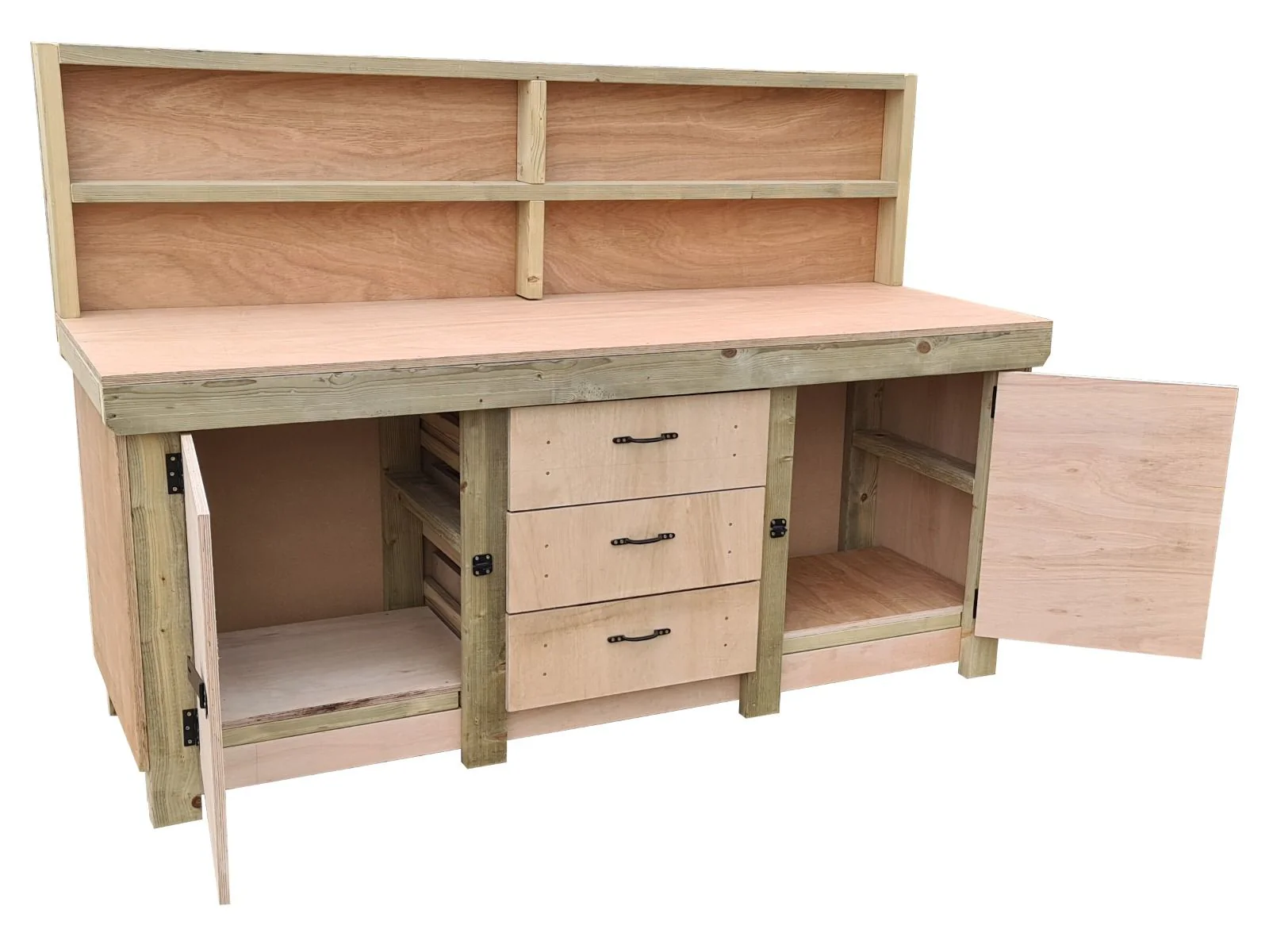 Eucalyptus top workbench with drawers and double lockable cupboard (V.8) with back panel - Image 6
