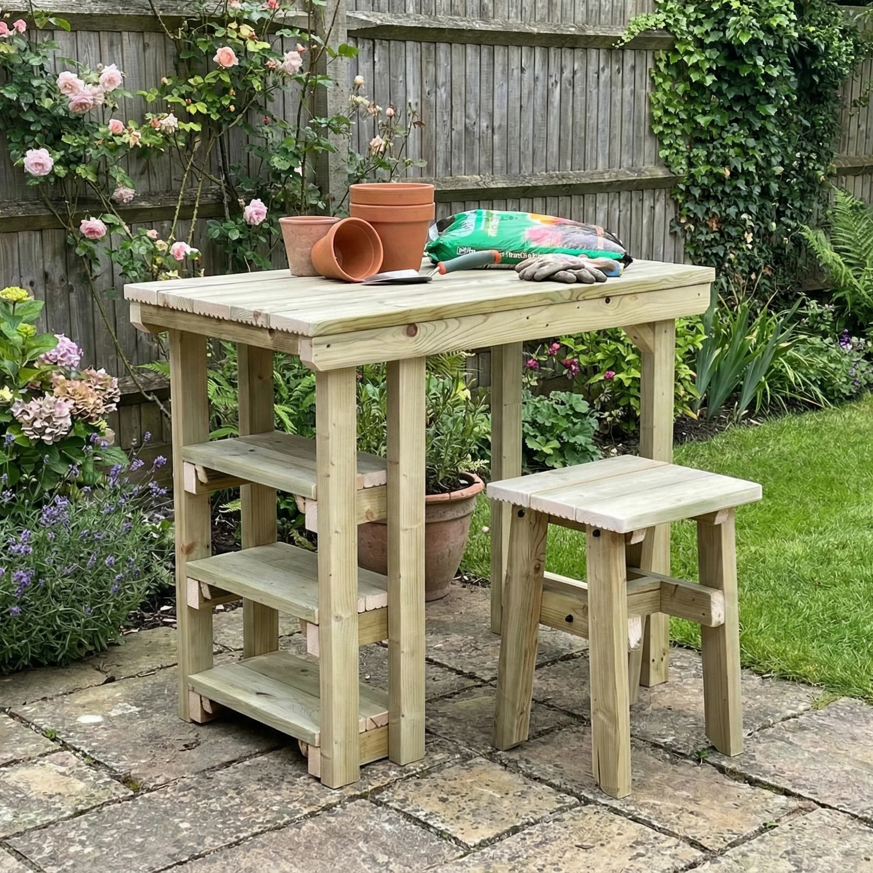 Garden potting table, multi purpose workbench (106cm + 2x chairs) - Image 2