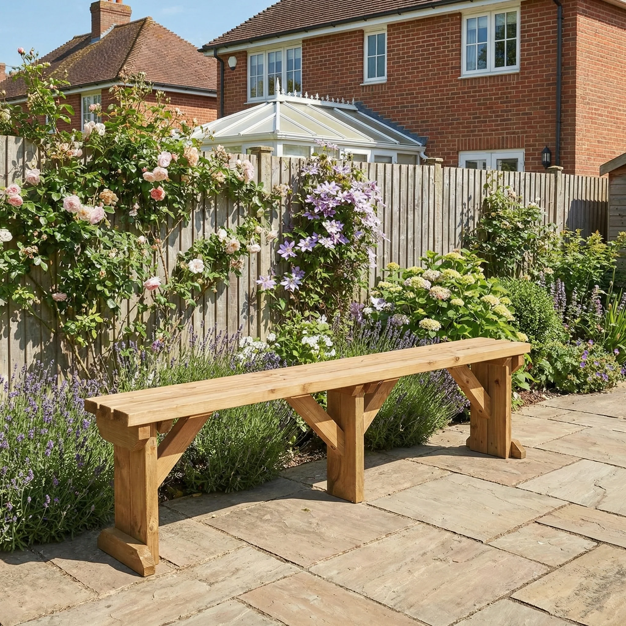 Hollies Wooden Garden Bench, Outdoor Fence Seat - Rustic Finish - Image 3