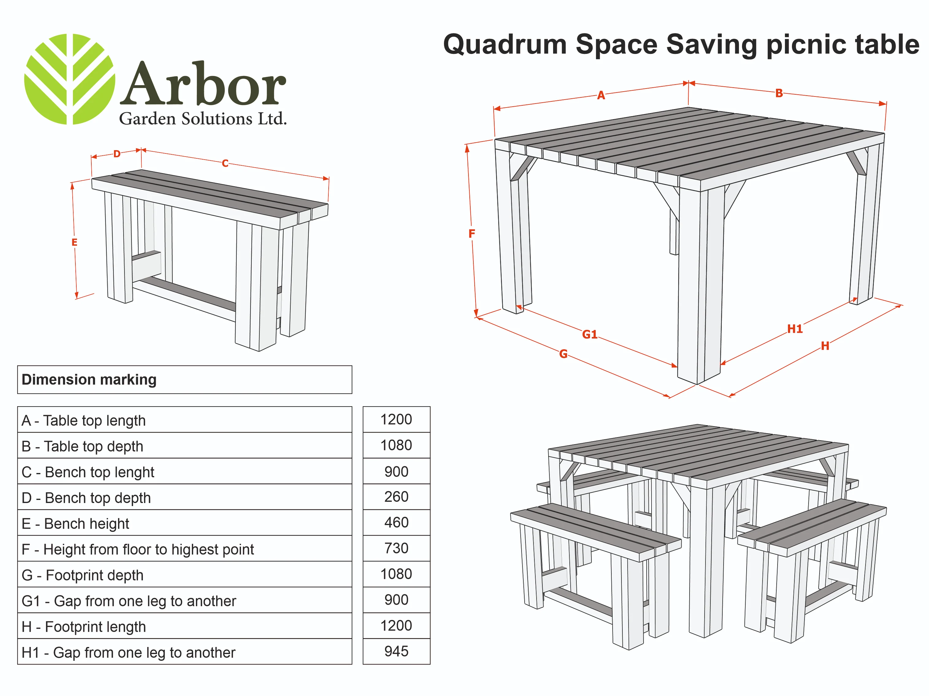 QUADRUM Picnic Table With 4 Benches - Rustic Finish - Image 2