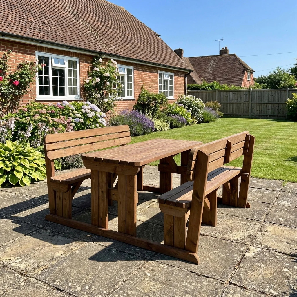 Alders Rounded Picnic Table and Benches Set With Backrest - Rustic Finish - Image 3