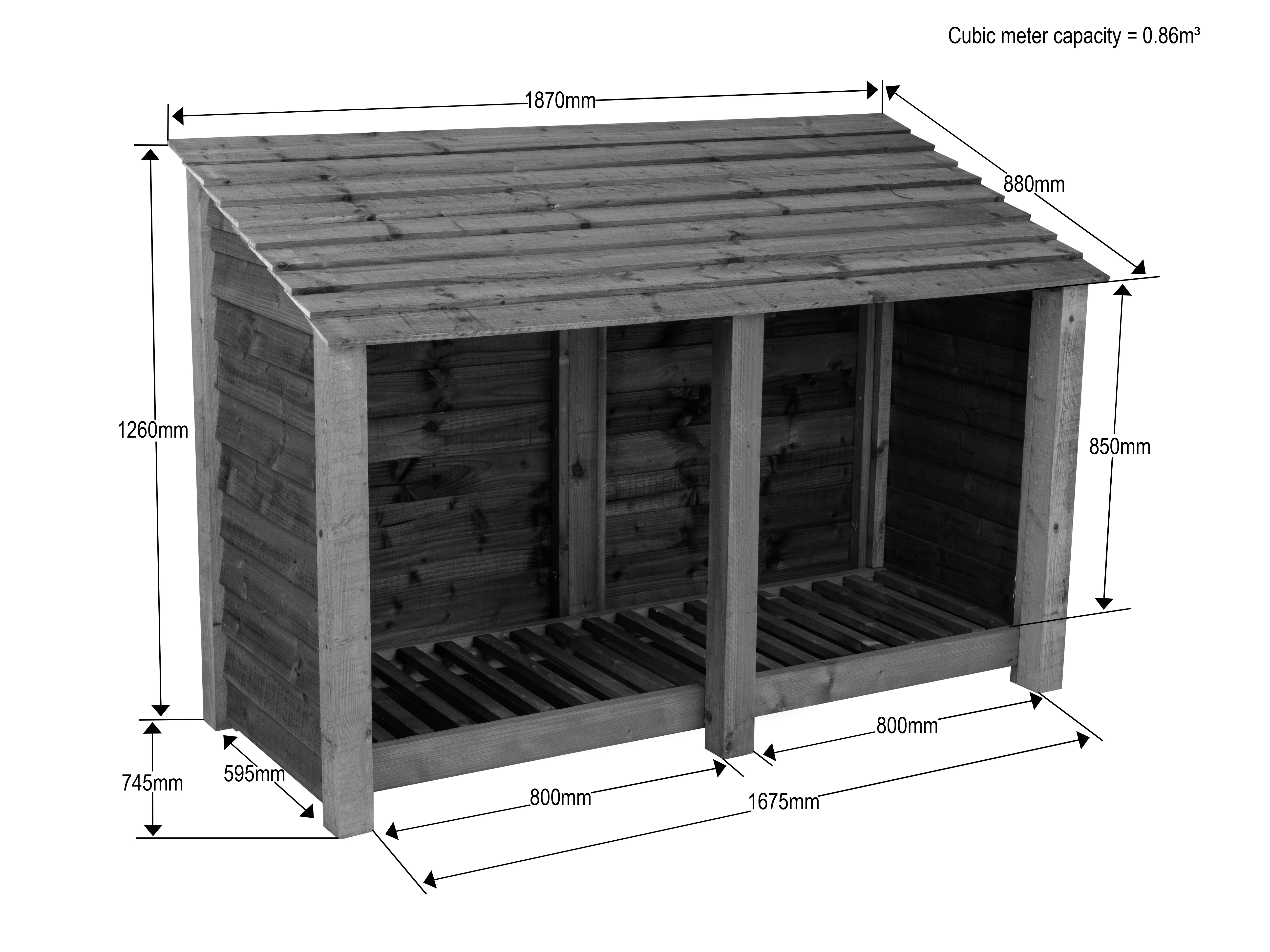 Slatted Wooden Log Store W-187cm, H-126cm or 180cm, D-88cm - Brown Finish - Image 5
