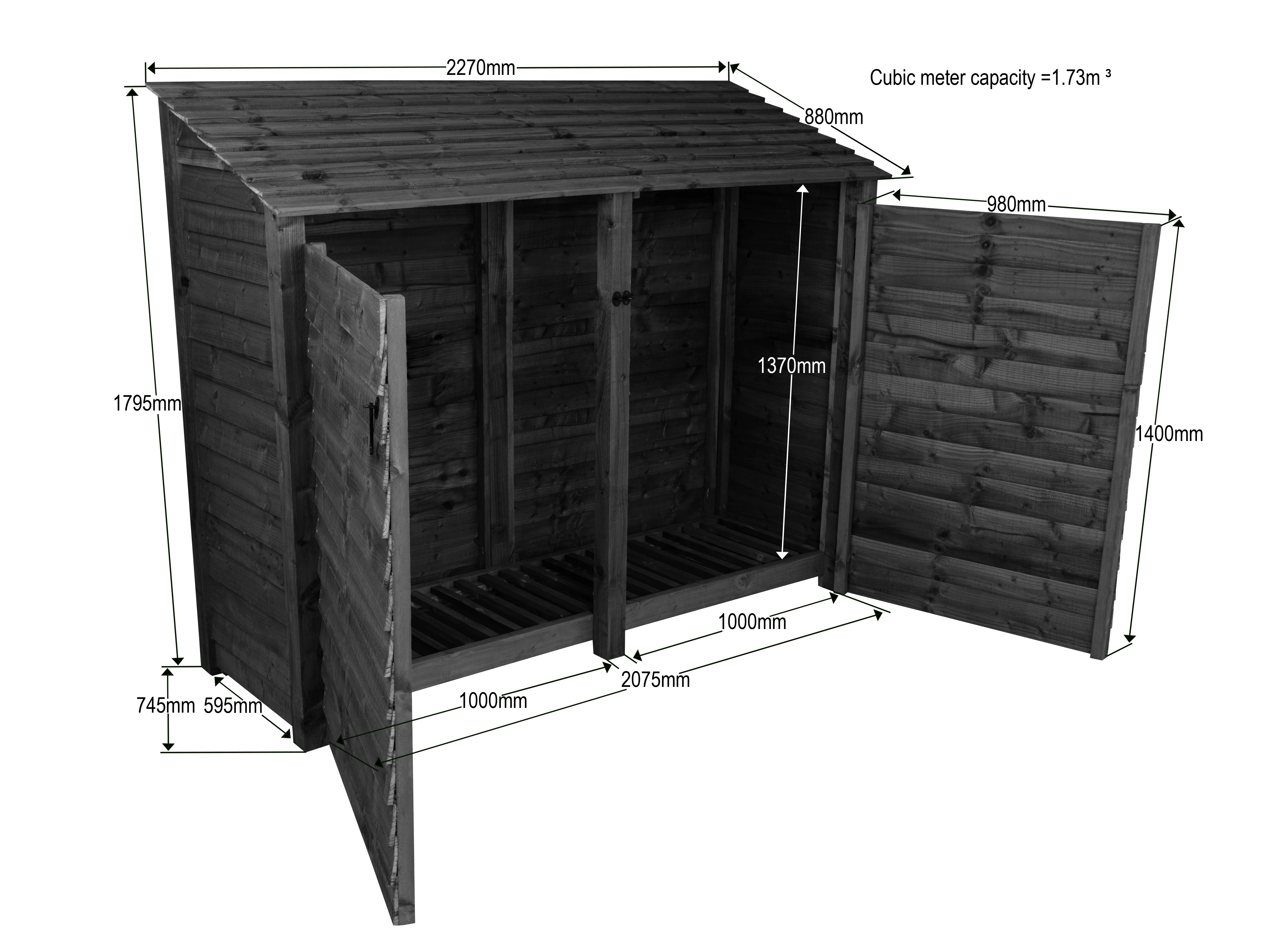 Slatted Wooden Log Store with Doors W-227cm, H-126cm or 180cm, D-88cm - Brown Finish - Image 10