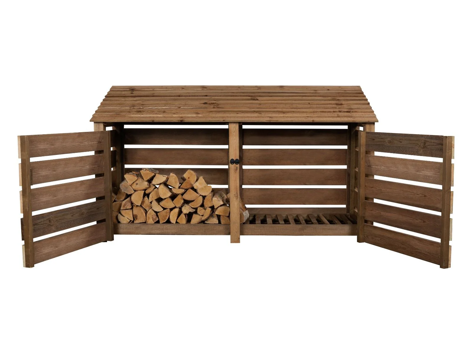 Slatted Wooden Log Store with Doors W-227cm, H-126cm or 180cm, D-88cm - Brown Finish - Image 6