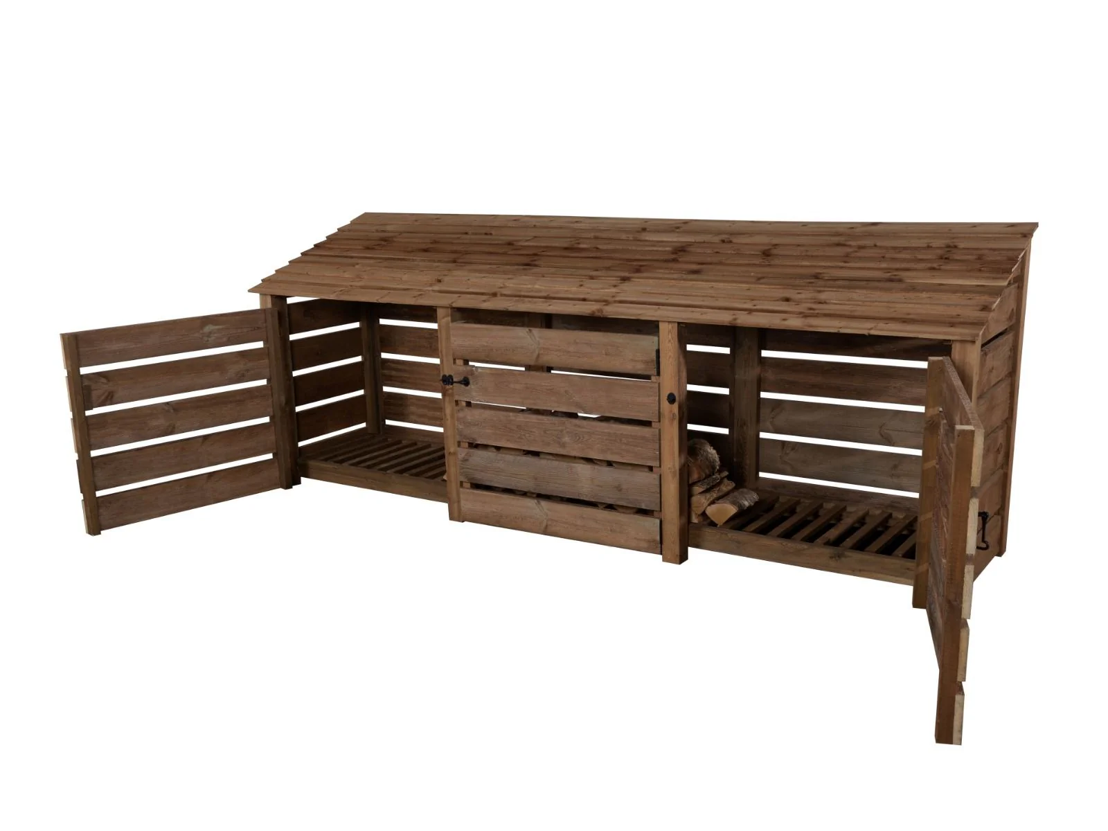 Slatted Wooden Log Store with Doors W-335cm, H-126cm or 180cm, D-88cm - Brown Finish - Image 6
