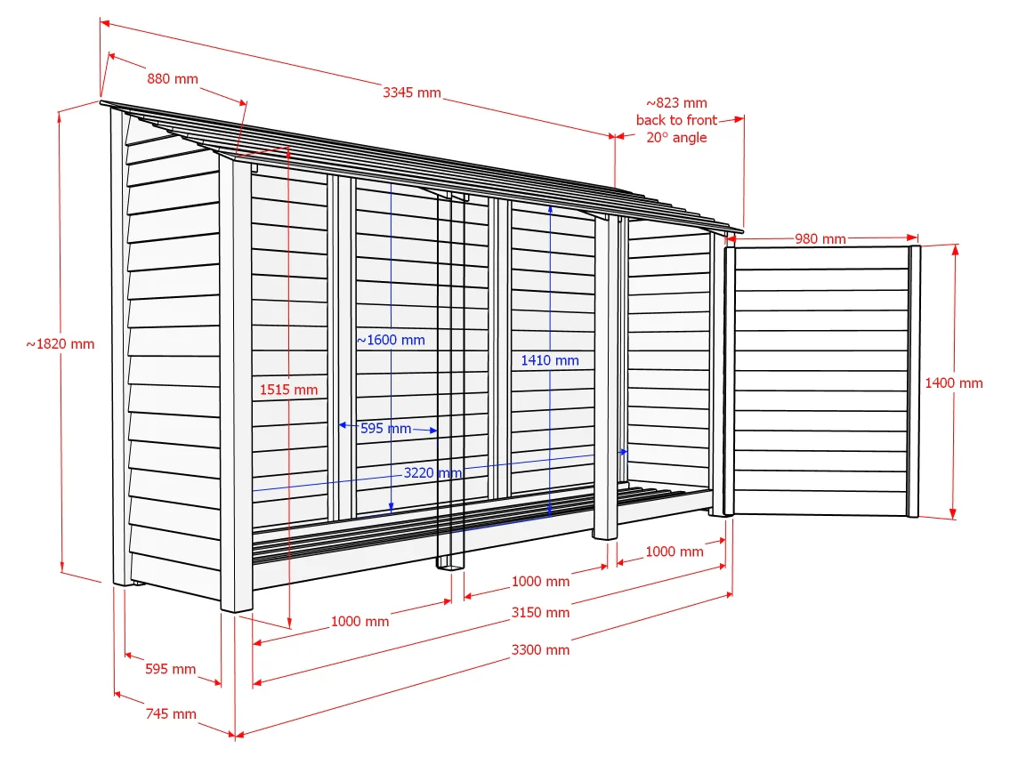 Slatted Wooden Log Store with Shelf W-335cm, H-126cm or 180cm, D-88cm - Image 6