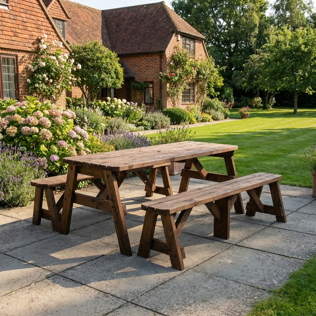Victoria Rounded Picnic Table and Benches Set - Rustic Finish - Image 3