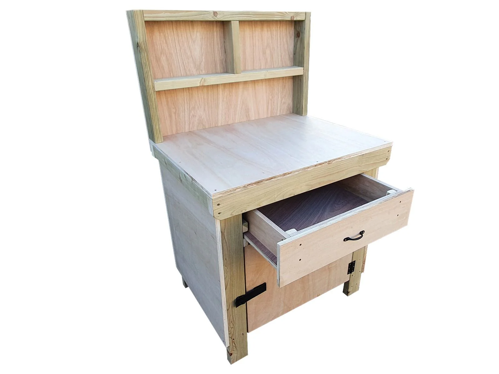 Wooden Eucalyptus hardwood top storage workbench with lockable cupboard and drawers (V.4) with back - Image 6