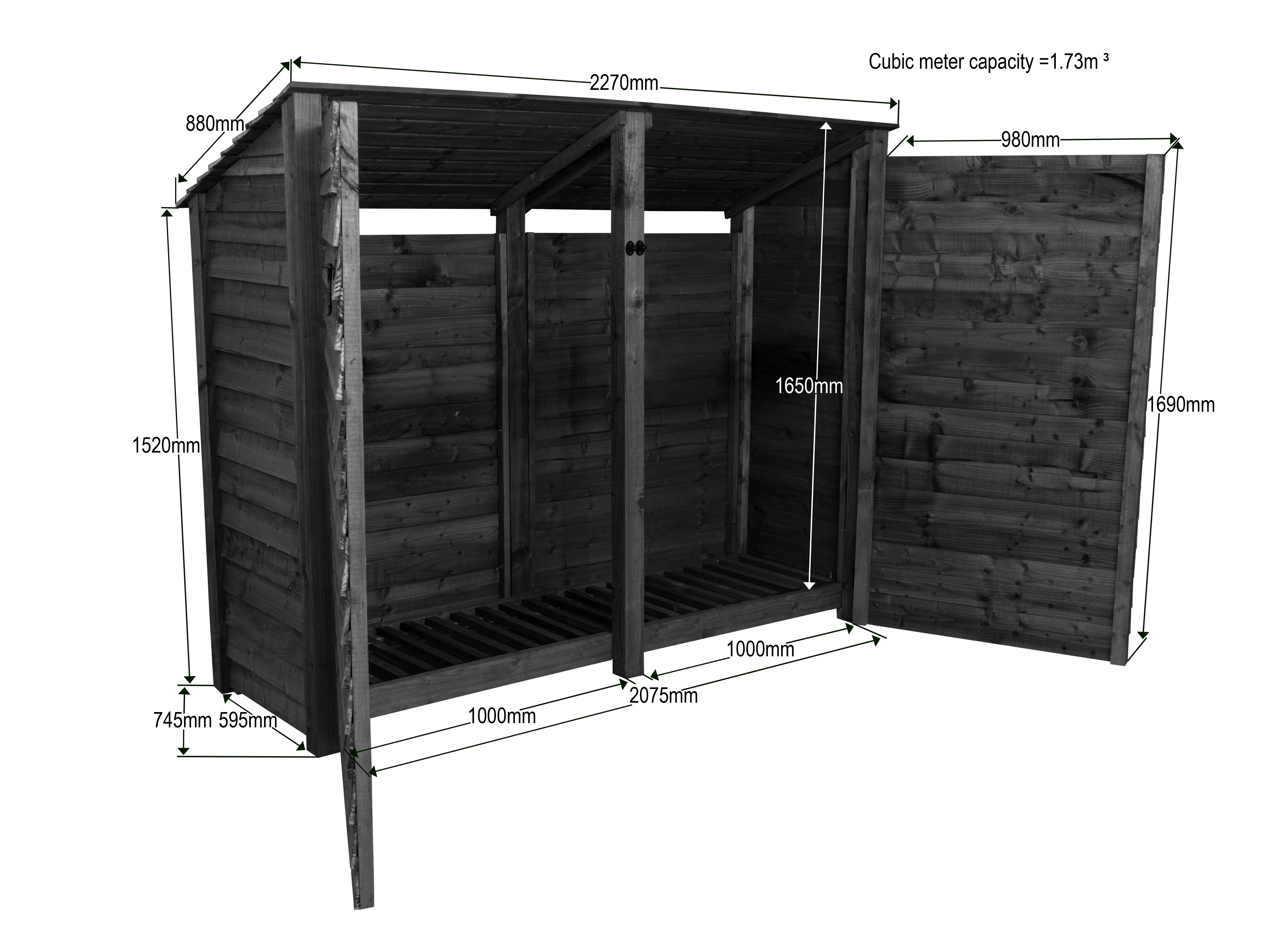 Wooden Garden Tool Storage (Roof Sloping Back) W-227cm, H-126cm or 180cm, D-88cm - Brown Finish - Image 7