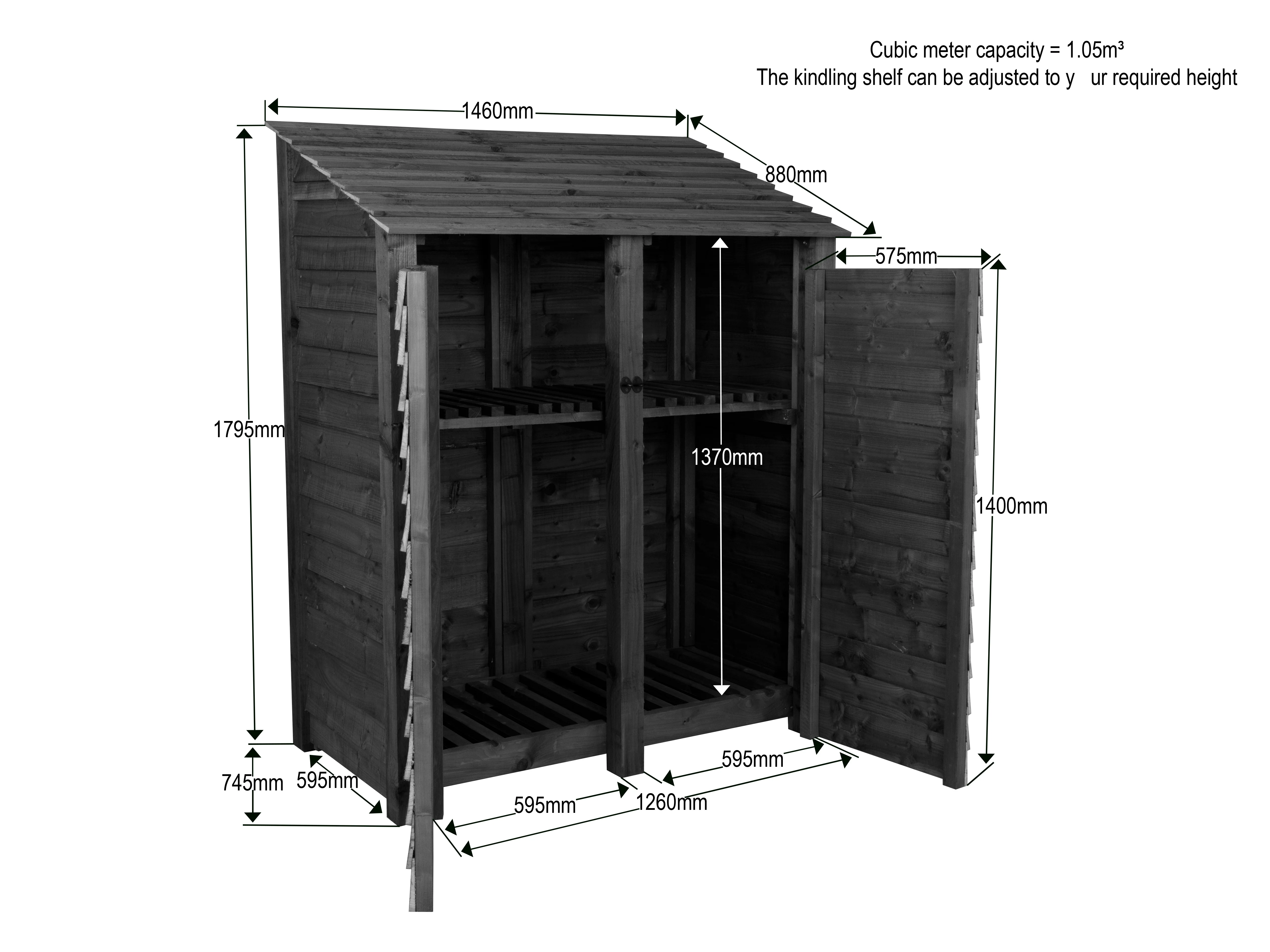Wooden Garden Tool Storage (Roof Sloping Back) with Shelf W-146cm, H-126cm or 180cm, D-88cm - Brown Finish - Image 9