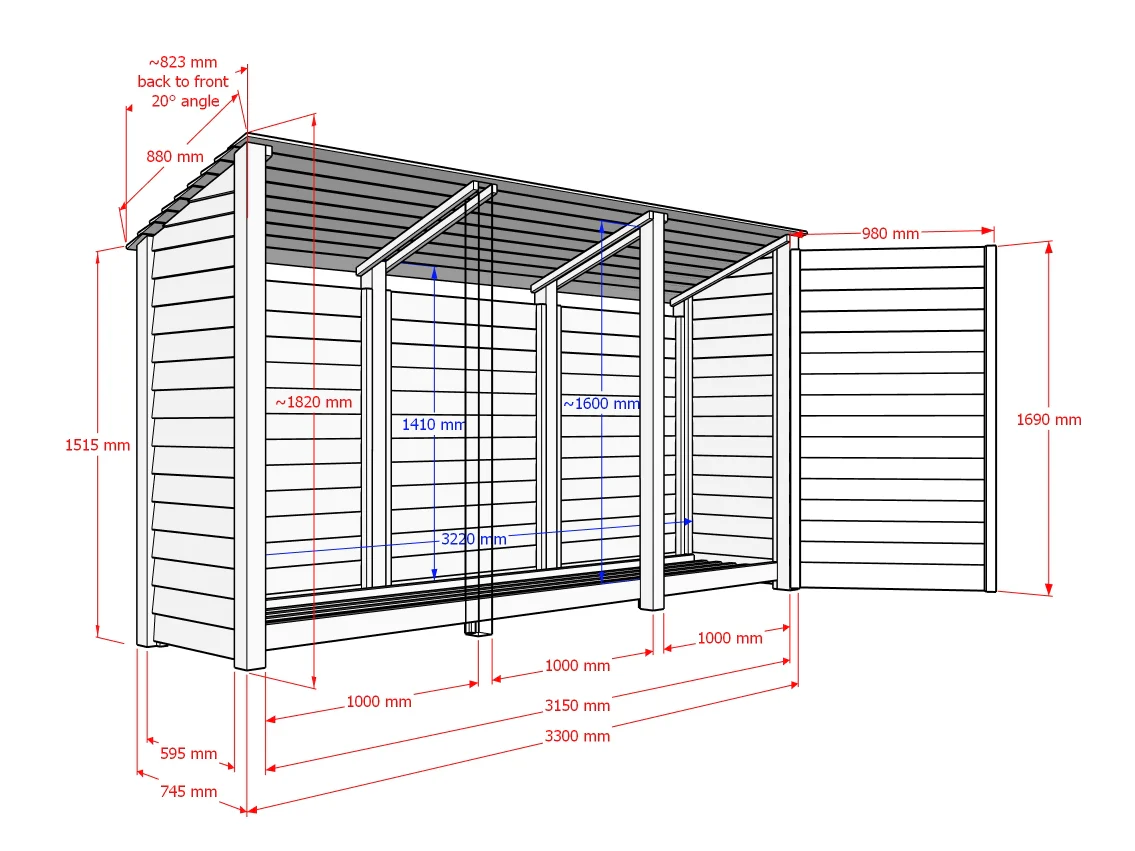 Wooden Log Store (Roof Sloping Back) W-335cm, H-126cm or 180cm, D-88cm - Image 7
