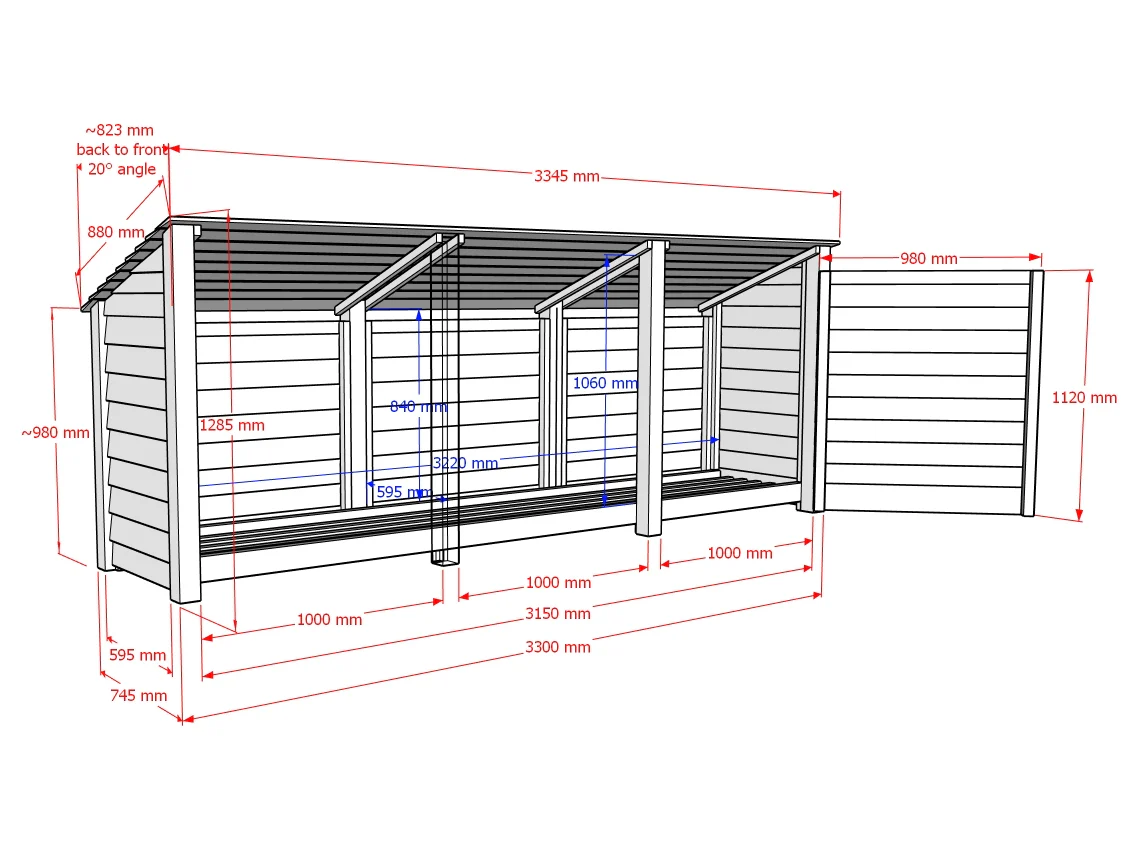 Wooden Log Store (Roof Sloping Back) W-335cm, H-126cm or 180cm, D-88cm - Image 8
