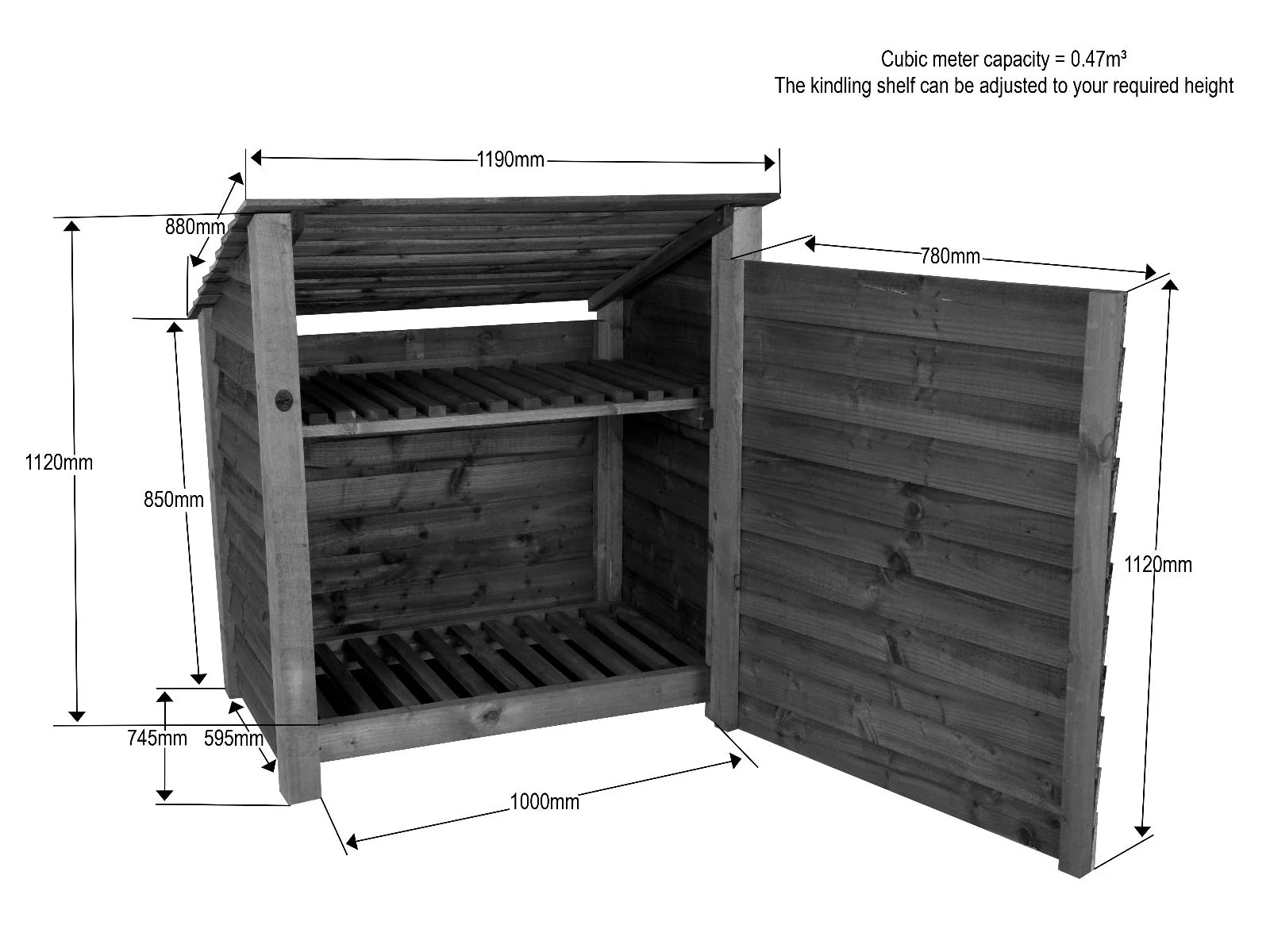 Wooden Log Store (Roof Sloping Back) with Door and Shelf W-119cm, H-126cm Or 180cm, D-88cm - Image 6