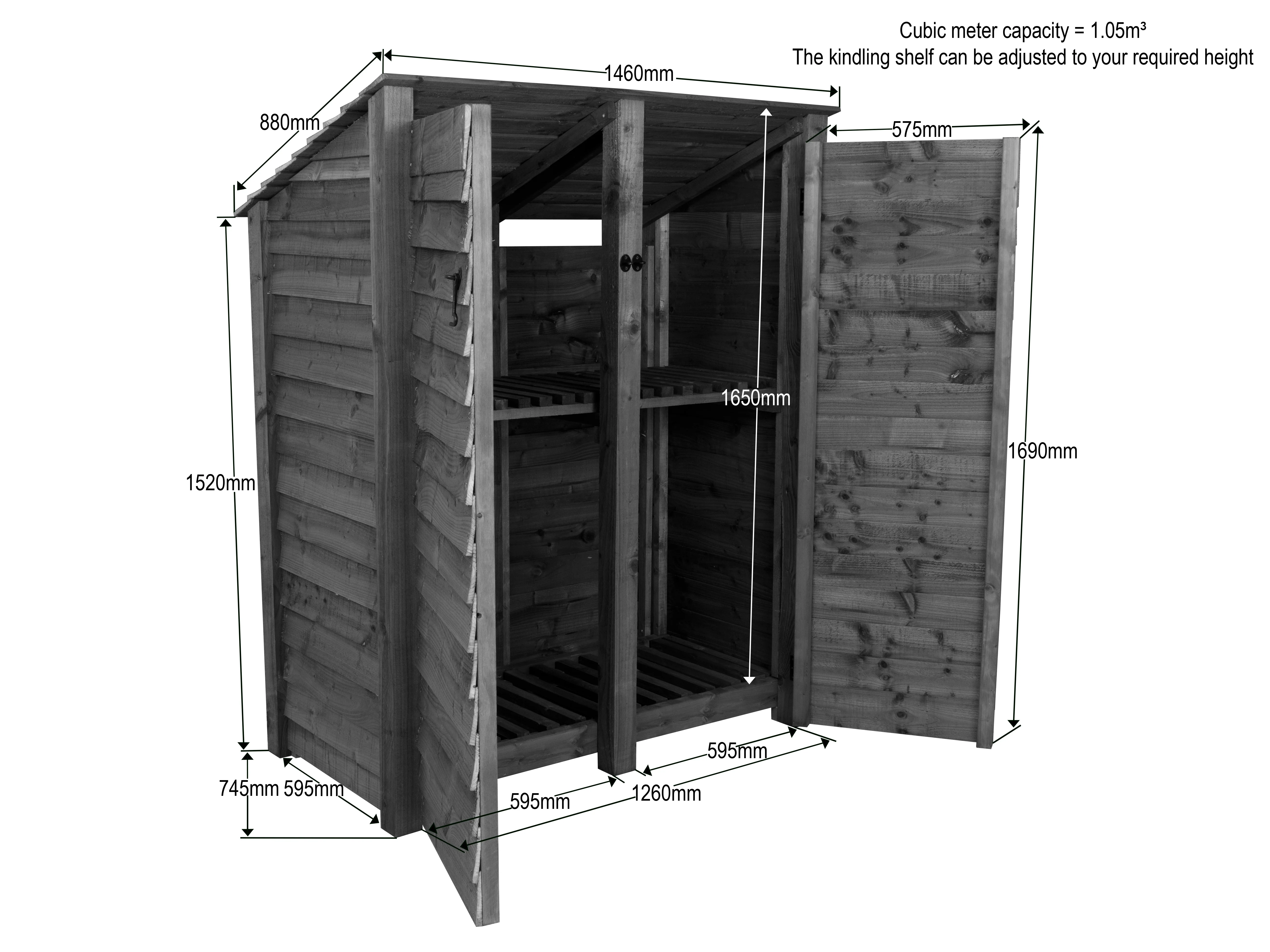 Wooden Log Store (Roof Sloping Back) with Door and Shelf W-146cm, H-126cm or 180cm, D-88cm - Image 7