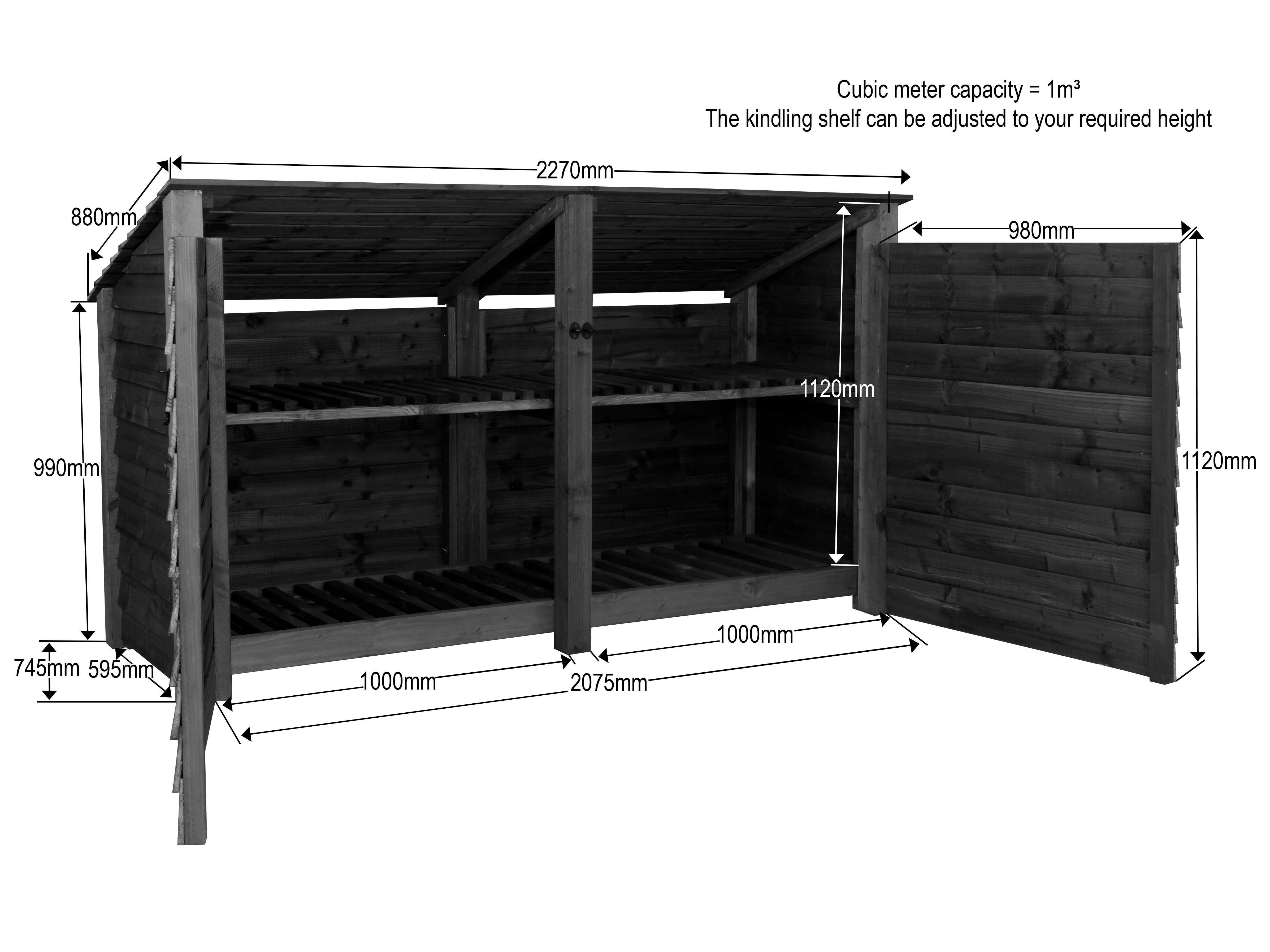 Wooden Log Store (Roof Sloping Back) with Doors and Shelf W-227cm, H-126cm or 180cm, D-88cm - Image 11