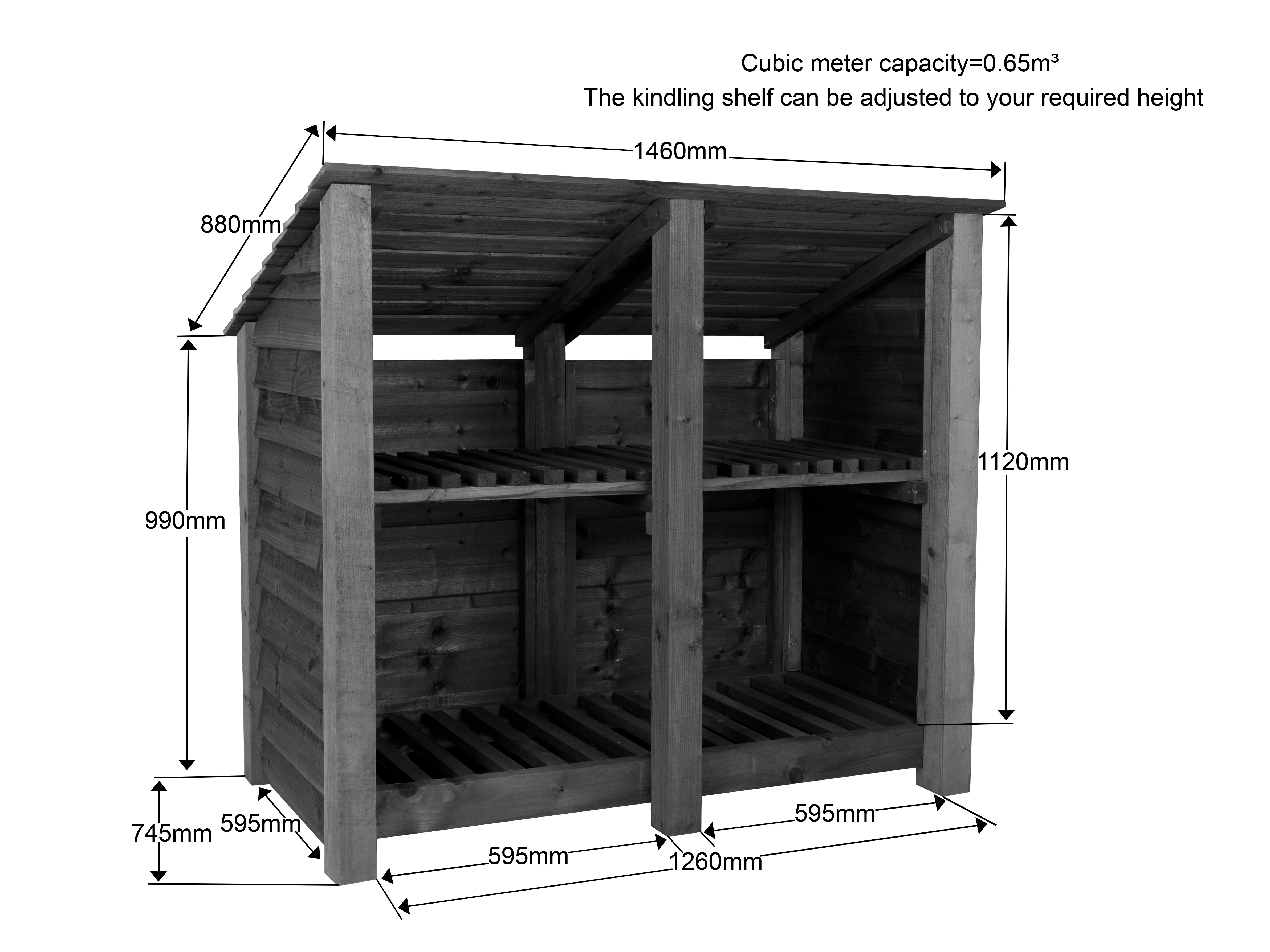 Wooden Log Store (Roof Sloping Back) with Shelf W-146cm, H-126cm or 180cm, D-88cm - Image 5