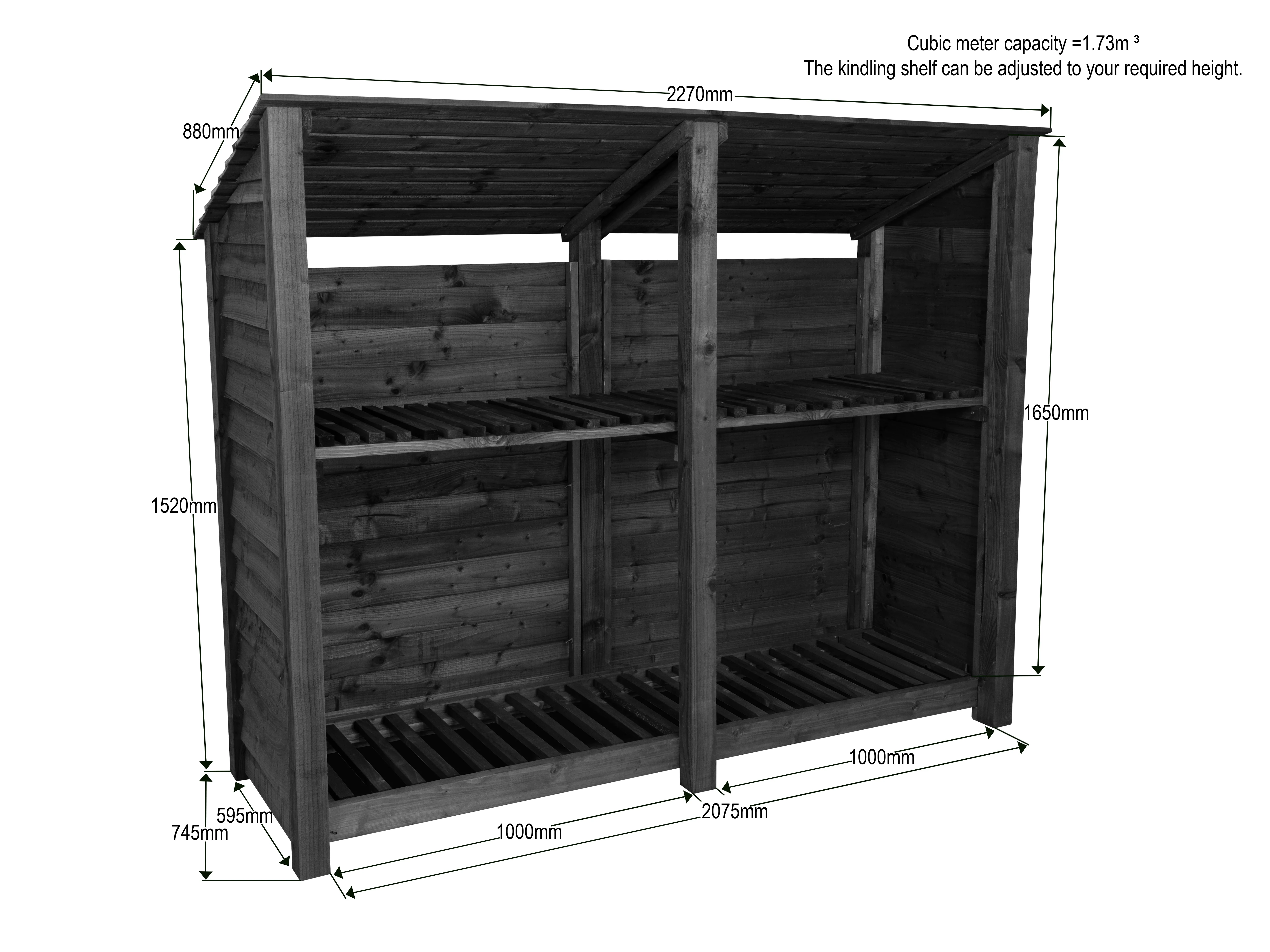 Wooden Log Store (Roof Sloping Back) with Shelf W-227cm, H-126cm or 180cm, D-88cm - Image 5