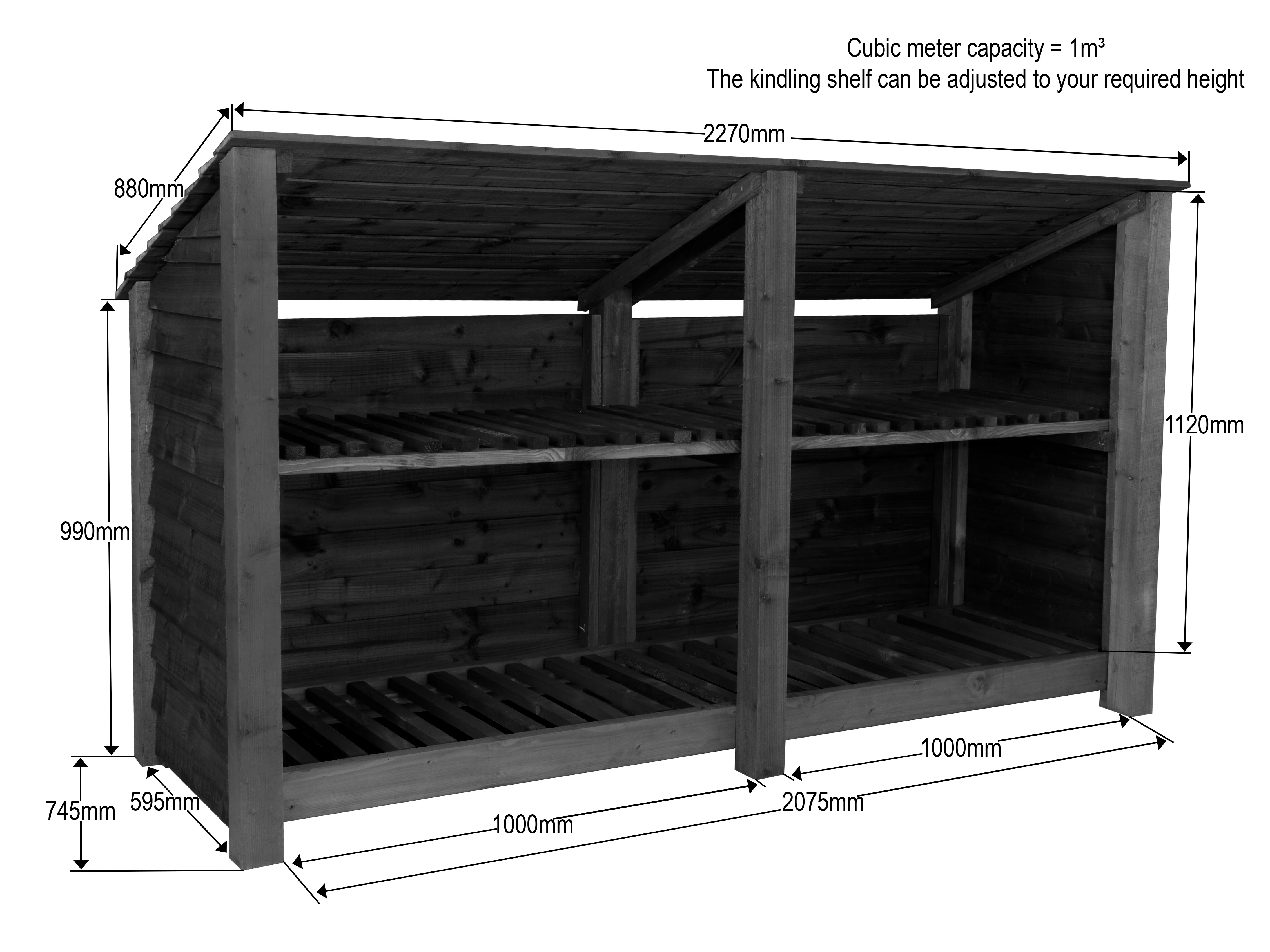 Wooden Log Store (Roof Sloping Back) with Shelf W-227cm, H-126cm or 180cm, D-88cm - Image 6
