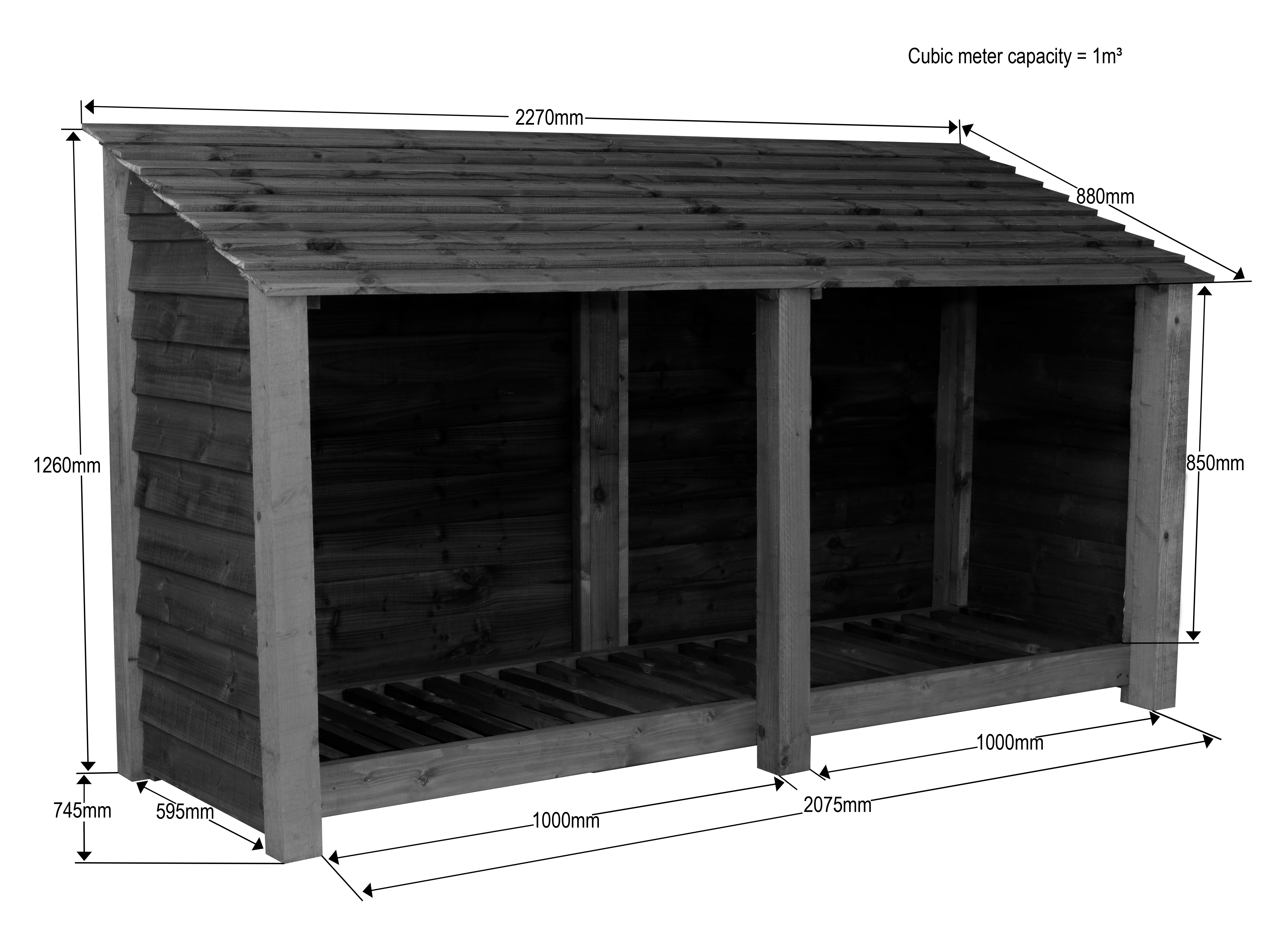 Wooden Log Store W-227cm, H-126cm or 180cm, D-88cm - Brown Finish - Image 4