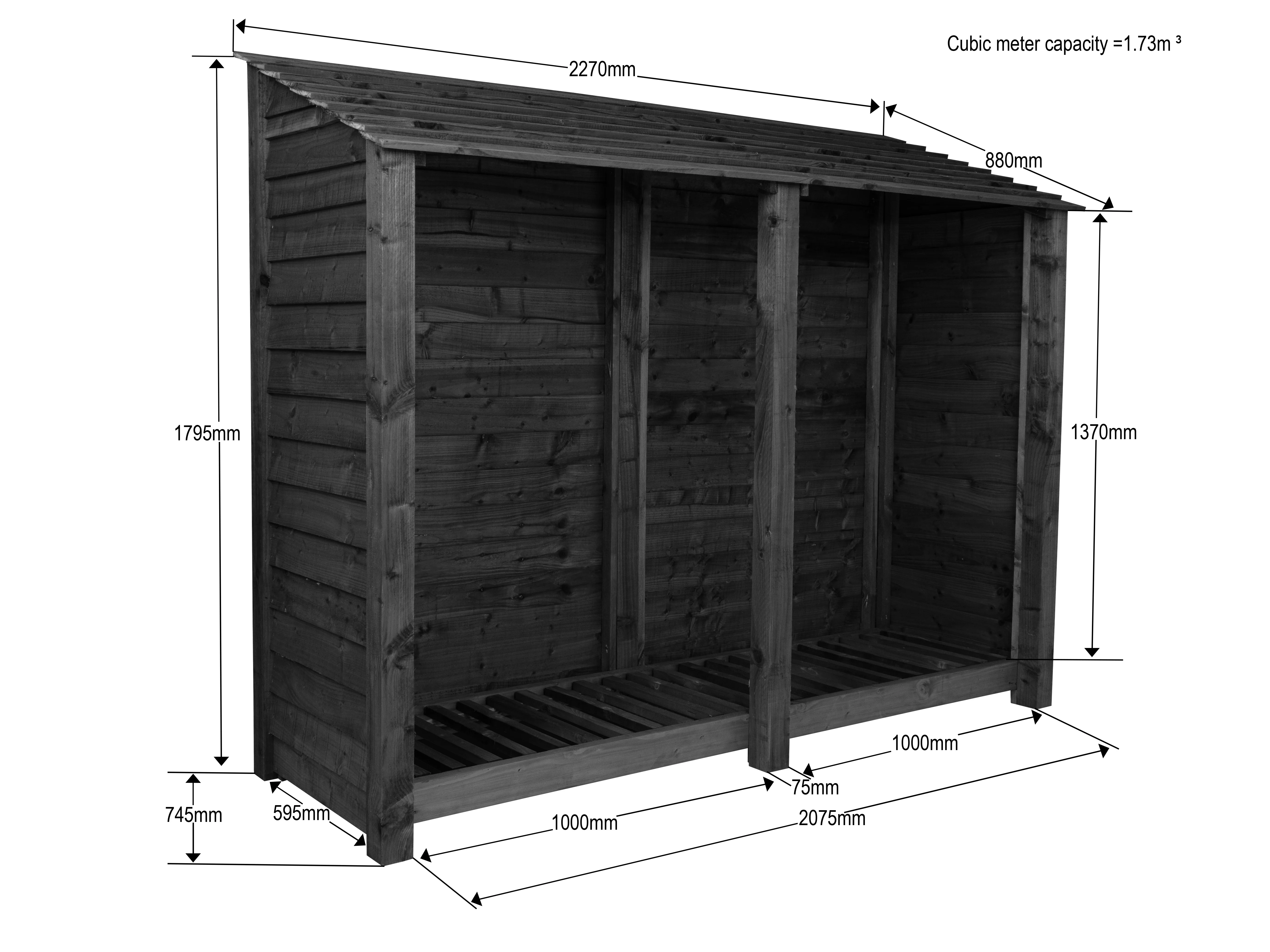 Wooden Log Store W-227cm, H-126cm or 180cm, D-88cm - Brown Finish - Image 5