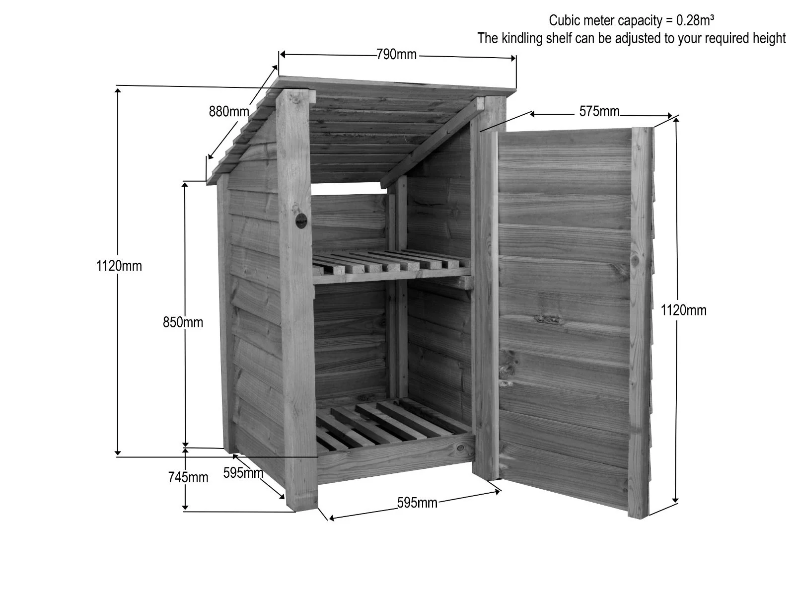 Wooden Log Store with Door and Shelf (Roof Sloping Back) W-79cm, H-126cm or 180cm, D-88cm - Brown Finish - Image 4