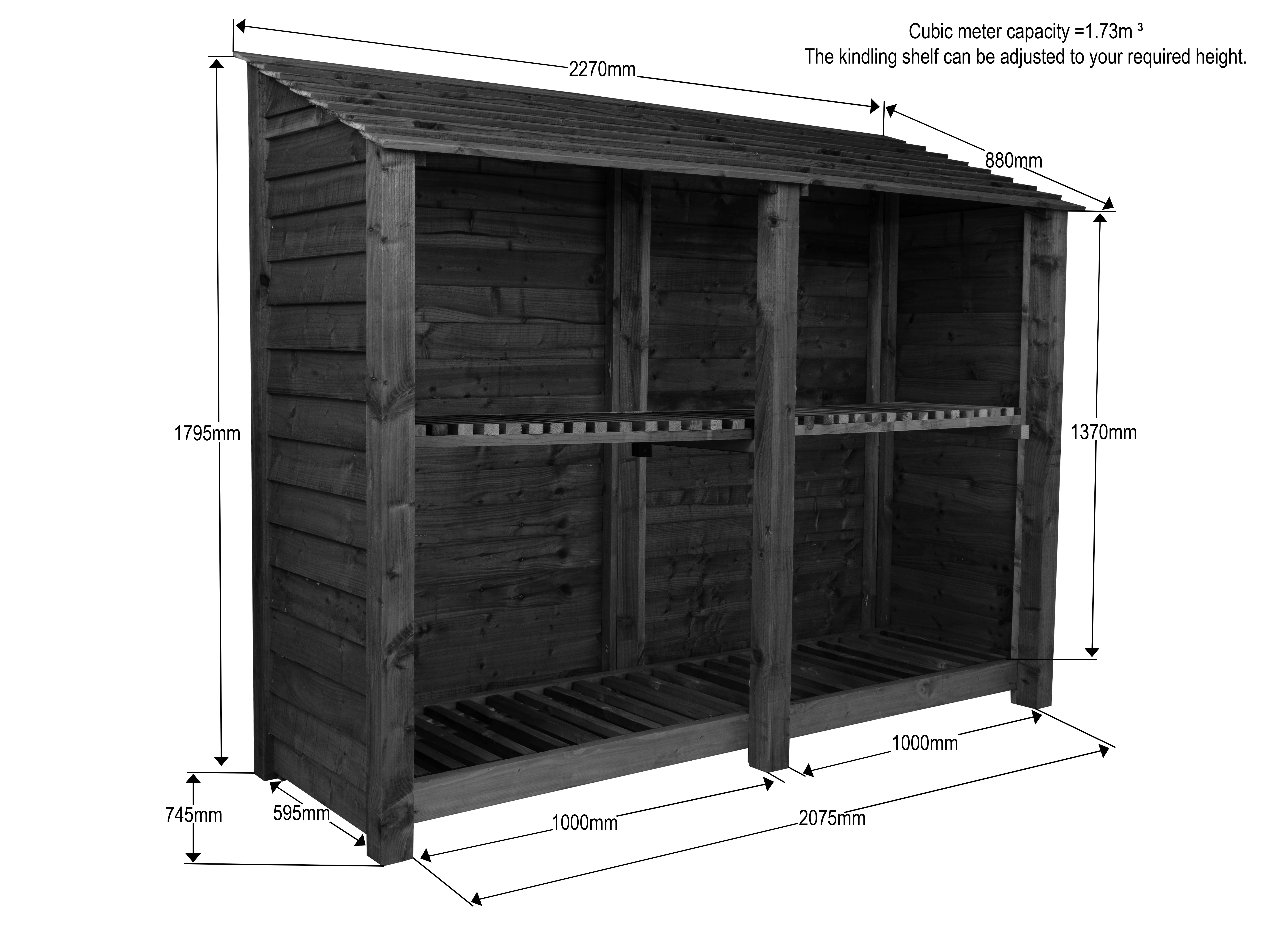 Wooden Log Store with Shelf W-227cm, H-126cm or 180cm, D-88cm - Brown Finish - Image 8