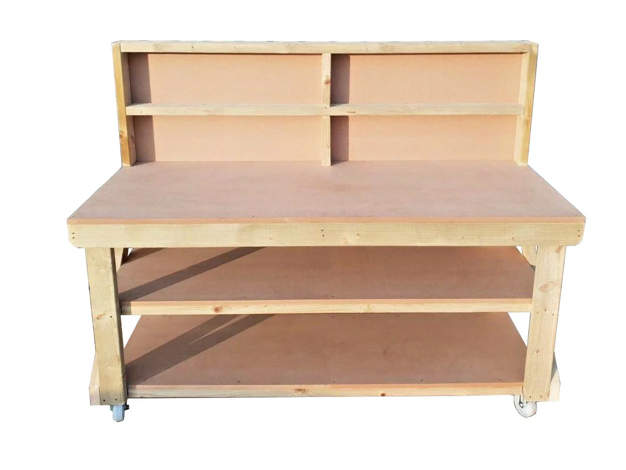 Wooden MDF top workbench with back panel, double shelf and wheels - Image 3