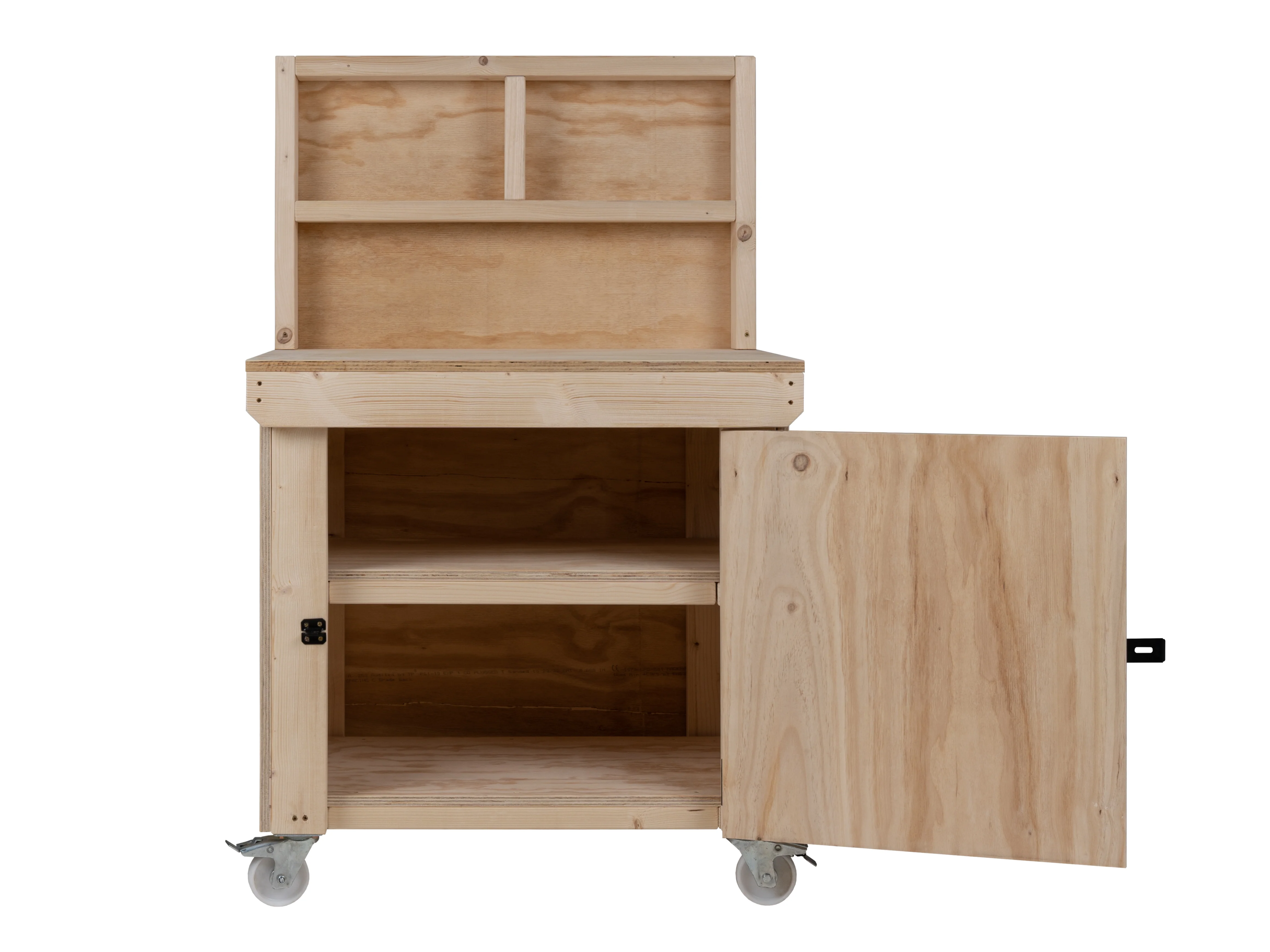 Wooden Plywood Top Workbench With Lockable Cupboard (V.9) With back panel, With wheels, Double Shelf - Image 6