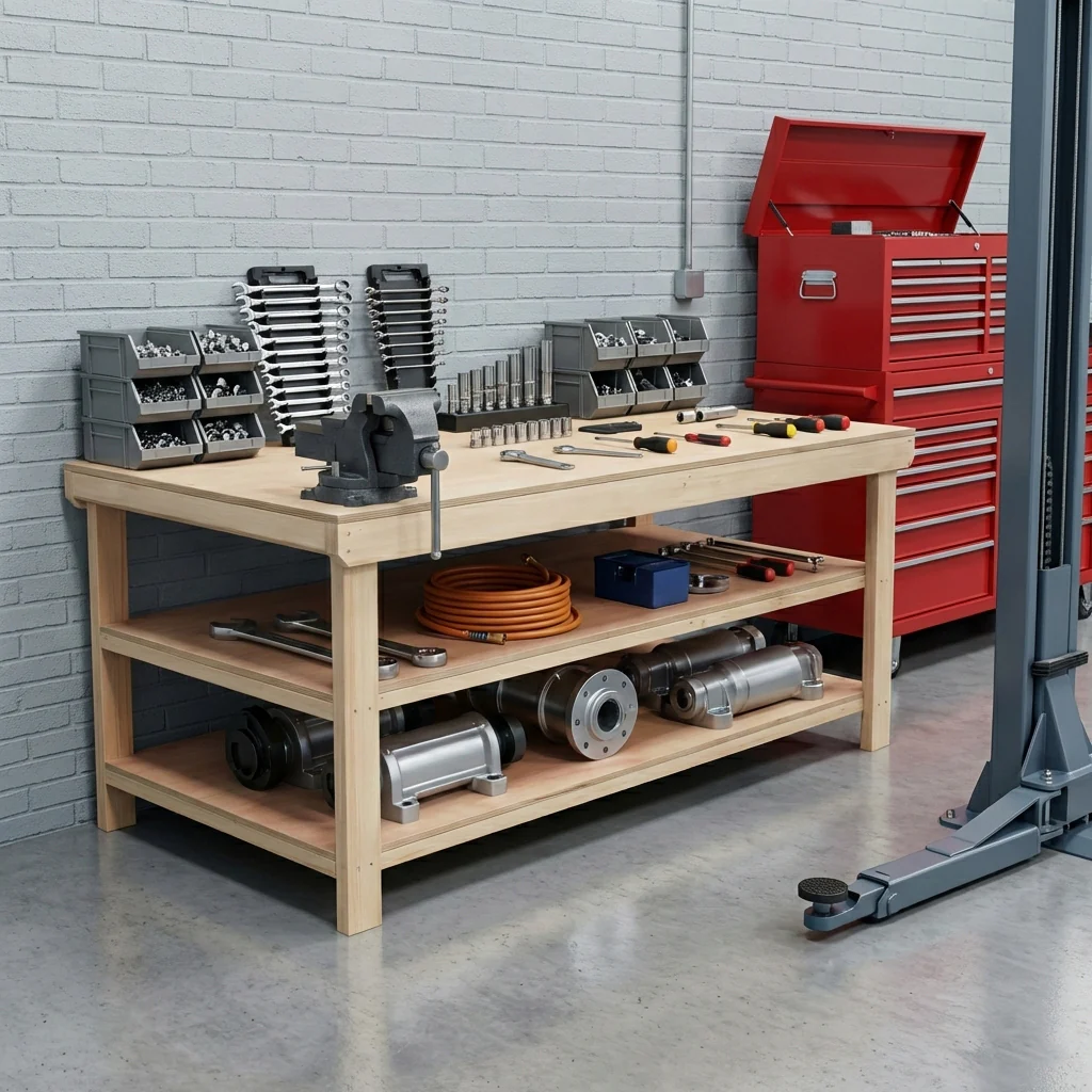 Wooden Workbench Eucalyptus Hardwood Top Depth-4ft with Double Shelf - Image 4