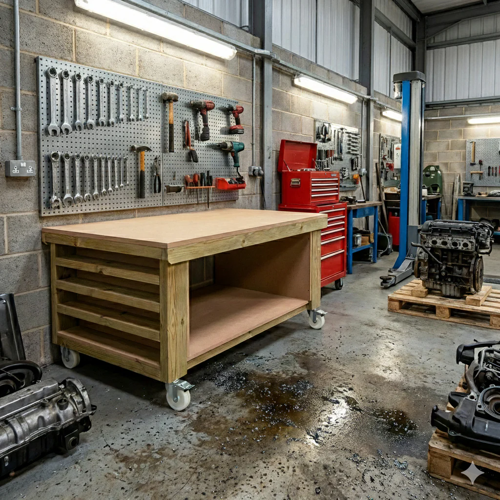 Wooden Workbench MDF Top with Extra shelving Depth-4ft - Image 6